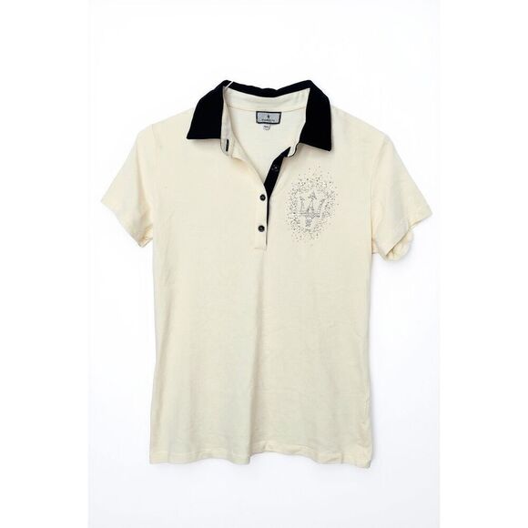 Maserati Women’s Rhinestone Logo Polo Shirt Size 2XL Cream Navy